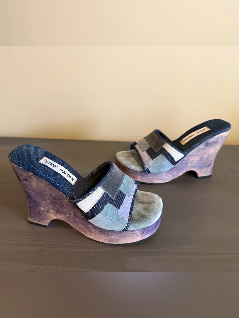 Steve Madden Vintage Y2K Denim Patchwork Wooden Platform Heels